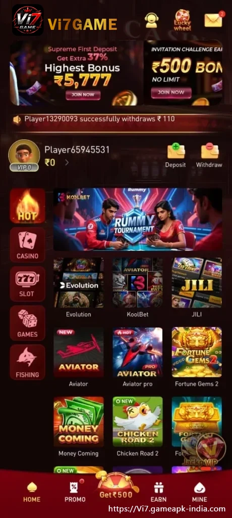 vi7 Game Android member dashboard and account features